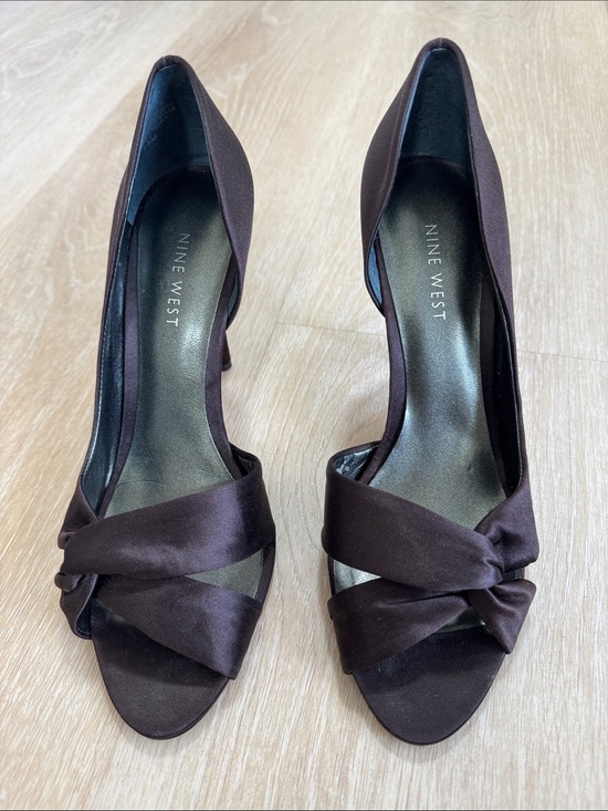 Nine West Shoes - Nine West Dark Brown Satin Peep-Toe Knot Heels